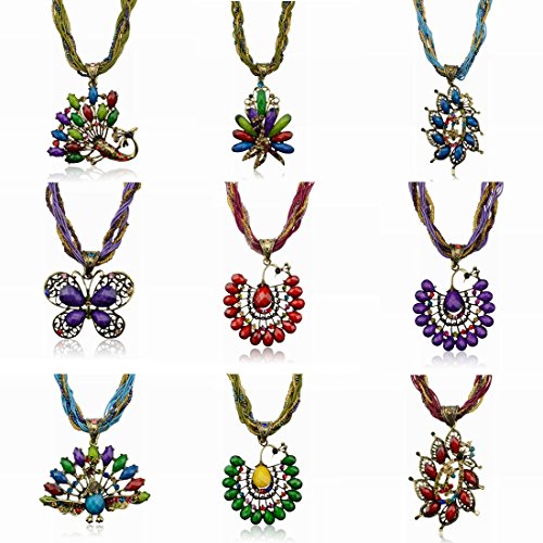 VTG Lady Peacock Butterfly Resin Crystal Waved Chain Bib Pendant Necklace