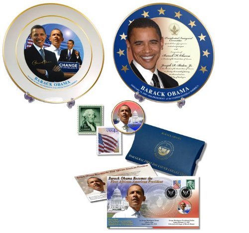 Barack Obama Commemorative Plates and First Day Cover Coin Set