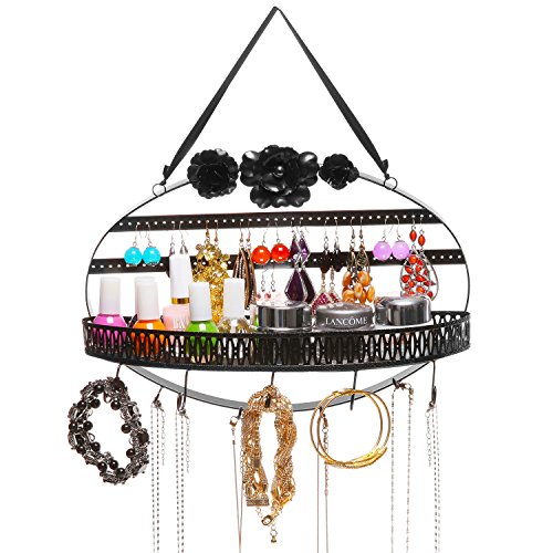 Black Flower Metal Hanging Jewelry Organizer Rack w/ Earring Holder, Ring Tray, & Necklace Hanger Hooks