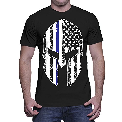 Mens Thin Blue Line - Spartan Mask American Flag T-shirt
