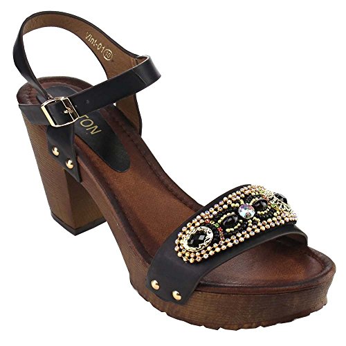 Beston EB36 Women Beads Studded Platform Buckled Chunky Heel Run Half Size Small