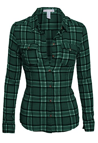 Women's Classic Collar Button Down Long Sleeve Lightweight Plaid Flannel Shirt
