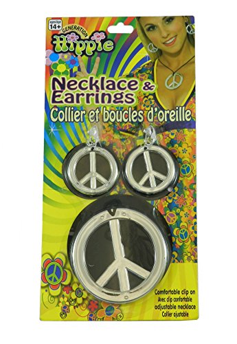 Hippie Peace Sign Necklace and Earrings One-Size in Silver