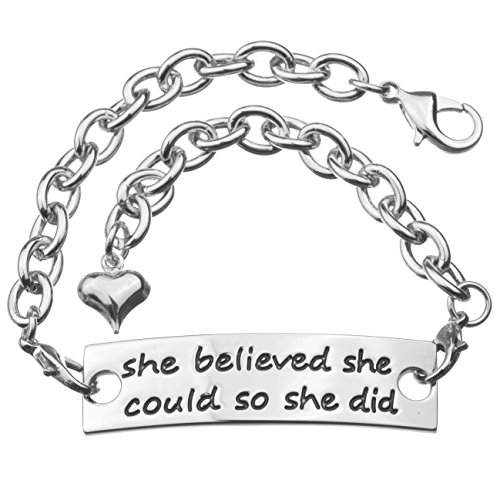 Angelus She believed she could so she did Inspirational Hand Stamped Cuff Metal Bracelet for Women Ladies Girls Silver