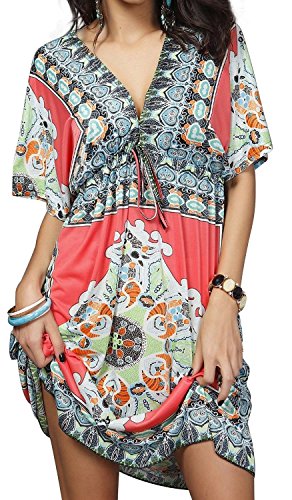 CHERRY CAT Womens V-neck Cut Loose Bathing Suit Swimsuit Cover Ups Beach Dress