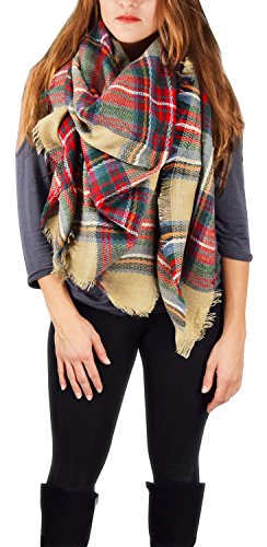 Peach Couture Warm Tartan Plaid Woven Oversized Fringe Scarf Blanket Shawl Wrap