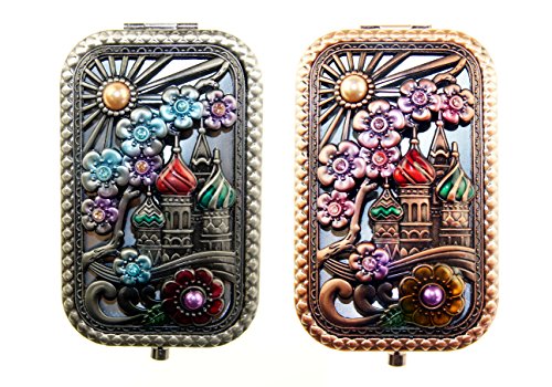 Ivenf 2 Pack Castle & Flower Square Vintage Compact Purse Mirror, Christmas Gift, Antique Pewter & Rose Golden