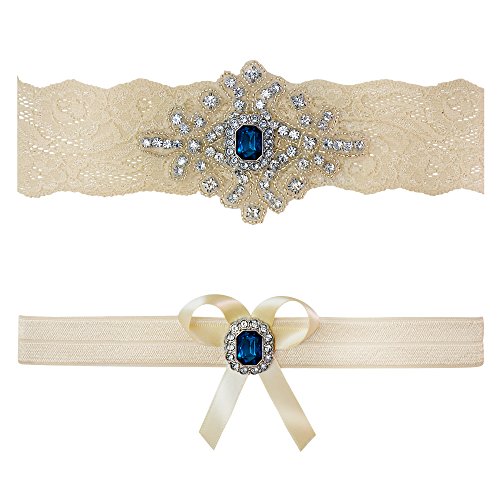 Ivory Sapphire Blue Wedding Bridal Lace Garter Set Keepsake Toss Tradition Vintage