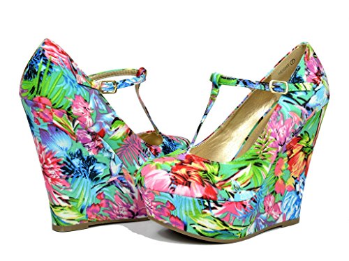 DREAM PAIRS HEIGHT Womens Mary-Jane T-Strap Wedge Platform Pumps Shoes BLUE MULTI SIZE 11
