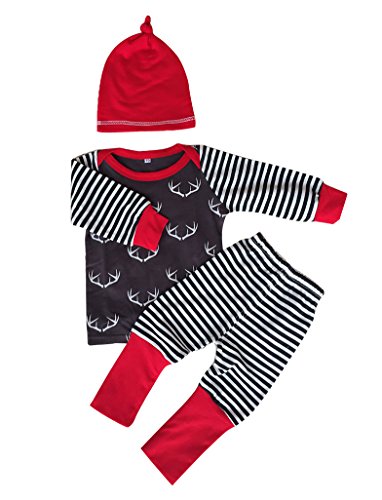 3pcs Set Newborn Baby Boys Girls Striped Deer Tops Pants Hats Outfits (70/0-6months, Red)