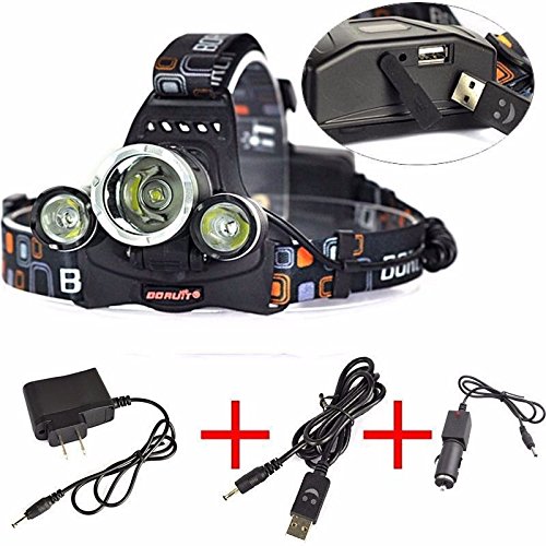 KAZOKU RJ-5000 3x CREE XM-L T6 LED Headlamp Headlight for Camping Hiking with AC Adapter USB Charger Car Charger（Batteries not included）