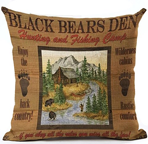 Retro Background Wildness Cabins Black Bear Throw Pillowcase Personalized Cushion Cover NEW Home Office Decorative Square 18 X 18 Inches