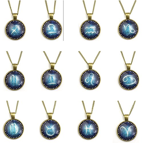 Astrology Horoscope Sign Zodiac Necklace Antique Gold Tone Medallion Pendant Fashion Jewelry