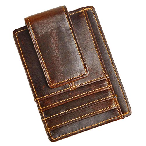 Le'aokuu Genuine Leather Magnetic Front Pocket Money Clip Slim Wallet Card Case