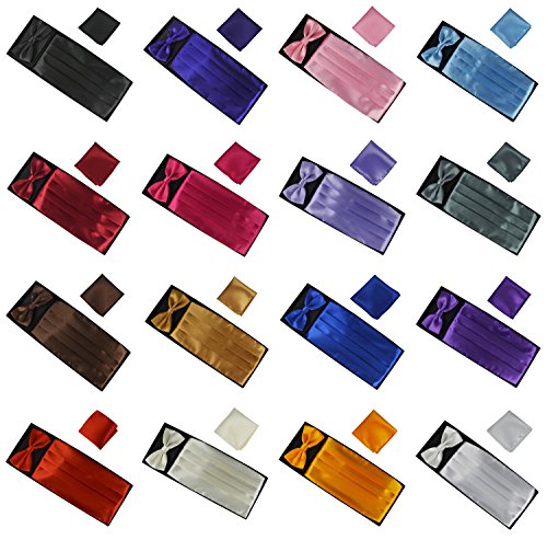 Mens Silk Bow Tie and Grossgrain Cummerbund Set with a Pocket Square Solid Color