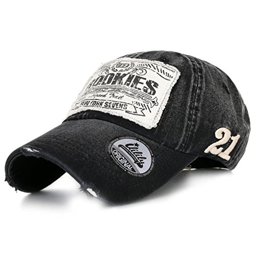 ililily Washed Denim Fitted Casual Rookies Patch Precurved Baseball Cap
