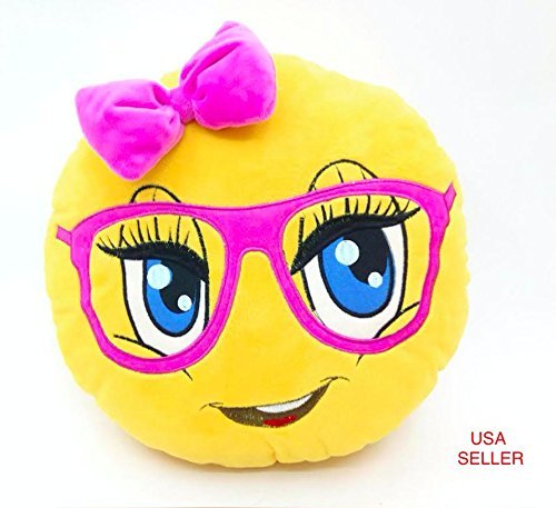 CUTE NERD GIRL Emoji Pillow Smiley Emoticon Yellow Round Cushion Stuffed Plush Soft Toy(Poop,Pinkpoop,Monkey,Money Mouth,Cat,Heart Eye,Laugh to Tear,Smirking,Throwing Kiss,Tongue,Devil,Nerd) by GEN