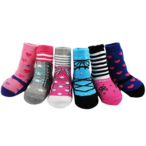 KF Baby Non-Skid Baby Girl Shoe Socks, 6 pairs, for 12 - 18 Months