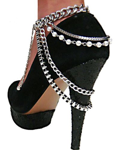 Silvertone Adjustable Heel Chain with Multiple Links and Simulated Pearls