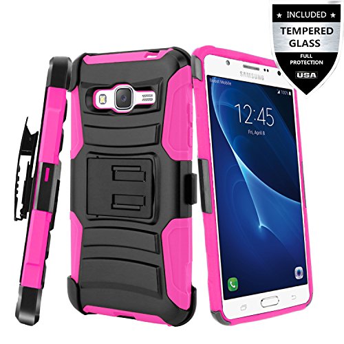 Galaxy On5 Case With Tempered Glass Screen Protector,IDEA LINE(TM) Heavy Duty Armor Shock Proof Dual Layer Holster Locking Belt Swivel Clip with Kick Stand + Stylus Pen(Hotpink/Black)