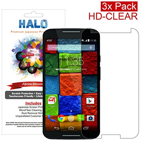 Halo Screen Protector Film High Definition (HD) Clear (Invisible) for Moto X 2 (2014 Latest Edition) (3-Pack) - Lifetime Replacement Warranty