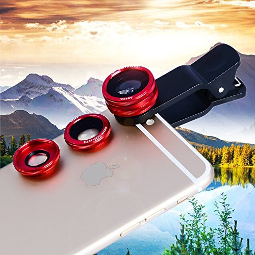 New Clip Lens Apexel 3 in 1 Phone Lens Kit 180 Degree Fisheye + 0.65x Supreme Wide Angle + 10x Macro Lens for Iphone Samsung Phones Tablets Red