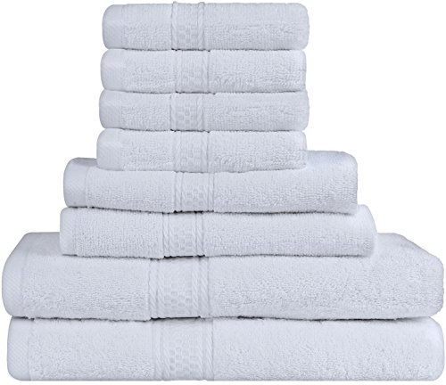 Premium 8 Piece Towel Set (White); 2 Bath Towels, 2 Hand Towels & 4 Washcloths - Cotton - Machine Washable,...