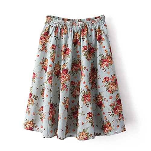 J.cotton Women's Rural Style Flax Floral Stretchy Sweet Skater Short Skirt (M US4-6)