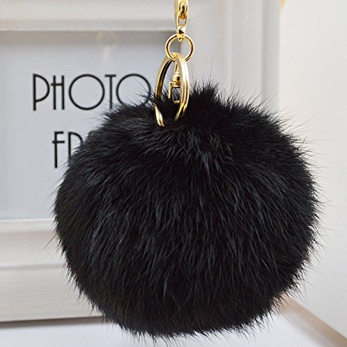 Minigianni Rabbit Fur Ball Pom Pom Keychain Gold Plated Keychain for Handbag Wallet Purse Car Key (Black)