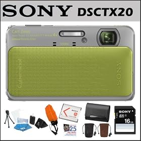 Sony DSCTX20/G Cybershot 16MP 4X Digital Camera Green + Sony Class 4 16GB SDHC Card + 2 Sony Digital Camera Case + Accessory Kit