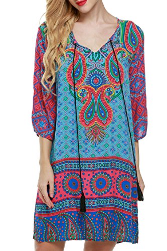 ACEVOG Women's Summer Ethnic Style Tribal Printed Mini Beach Floral Tunic Dress