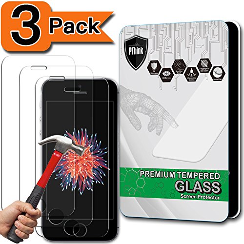 [3-Pack] iPhone SE Screen Protector, PThink® [Tempered Glass] [9H Hardness] [Anti-Scratch] [Fingerprint Resistant] [Easy-Install] Glass Screen Protector for iPhone SE/5S/5C/5 (3-Pack)