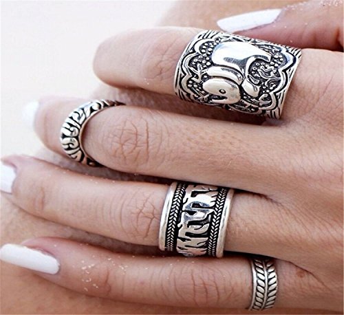 FUNRUN JEWELRY Vintage Retro Elephant Leaves Joint Knuckle Nail Ring Set of 4 Rings