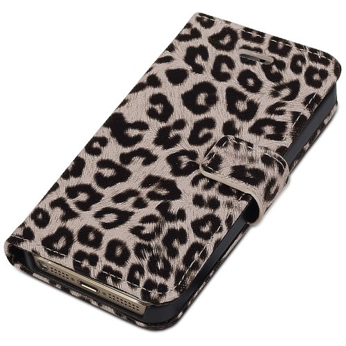 iPhone SE Case, Fosmon CADDY-LEOPARD Leather Folio Wallet Case for Apple iPhone SE / 5S / 5 (Tan)
