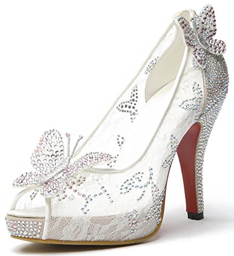 Littleboutique Lace Wedding Pumps Crystal Stud Bridal High Heels Rhinestone Evening Party Dress Heel Pump White 8