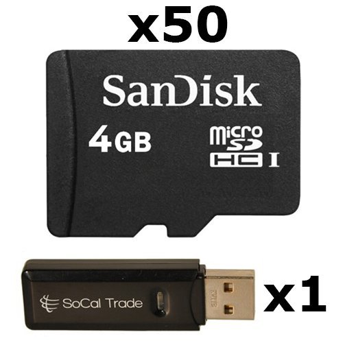 50 PACK - SanDisk 4GB MicroSD HC Memory Card SDSDQAB-004G (Bulk Packaging) LOT OF 50 with SoCal Trade USB 2.0 MicoSD & SD Memory Card Reader