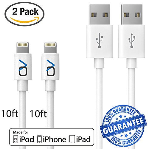 OnyxVolt [Apple MFi Certified] 10 Ft Lightning Cord Charging Cable for iPhone 7, 6, 5, iPod 7, iPad Mini, Mini 2, Mini 3, iPad 4, iPad Air, iPad Air 2, 2 Pack - White - Unlimited