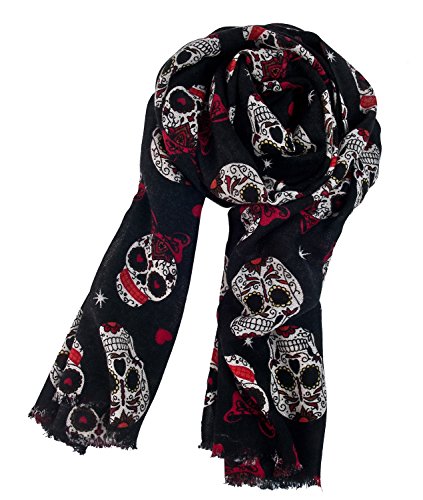Roswear Women's Pure Wool Sugar Skull Print Super Soft Long Scarf Shawl