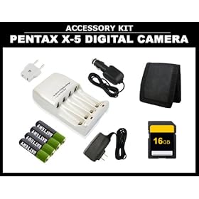 Battery and Charger for The New Pentax X-5 Digital Camera Includes 4 Batteries + USA To Europe Adapter + 16GB SD Memory Card & Wallet
