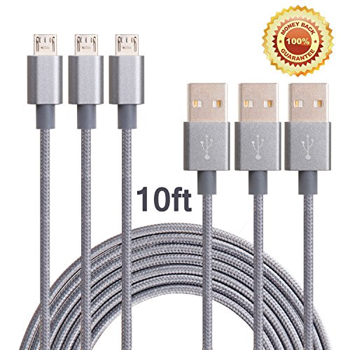 Bestfy(TM) 3Pack 10FT Extra Long Tangle-free Nylon Braided Micro USB 2.0 Charging Cable Cord With Aluminum Heads for Smartphones, tablets, MP3 players and More(Grey)