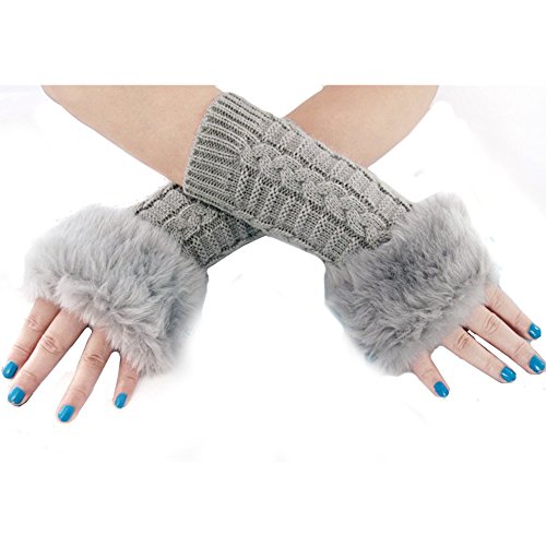 

LOCOMO Hand Warmer Knit Fingerless Faux Fur Palm Gloves Long Sleeves FAF080BLK