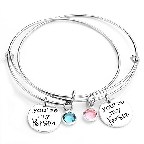 Top Plaza 2pcs/Set You Are My Person Round Alloy Rhinestone Charm Expandable Wire Bangle Bracelets
