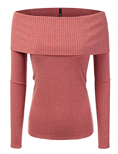 Doublju Womens Long Sleeve Ribbed Foldover Off The Shoulder Top
