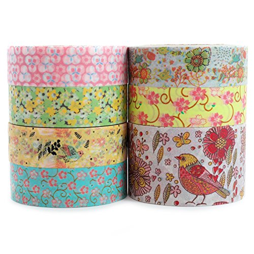 Crafty Rabbit Premium Washi Tape | Floral Set of 7 | Decorative Masking Tape Rolls | Pink Yellow Green Blue