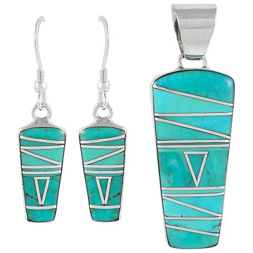 925 Sterling Silver Matching Pendant and Earrings Set with Genuine Turquoise and Semiprecious Gemstones