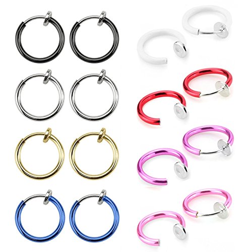 Areke Women's Fake Clip On Earrings Non Piercing Unisex Small Hoop Earring Fake Body Jewelry 8 Pairs Color Red Purple Blue Green Pink