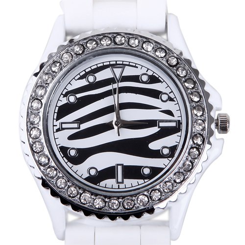 HDE Women's Fashionable Zebra Pattern Face and Rhinestone Encrusted Border with White Jelly Silicone Rubber Wrist Band