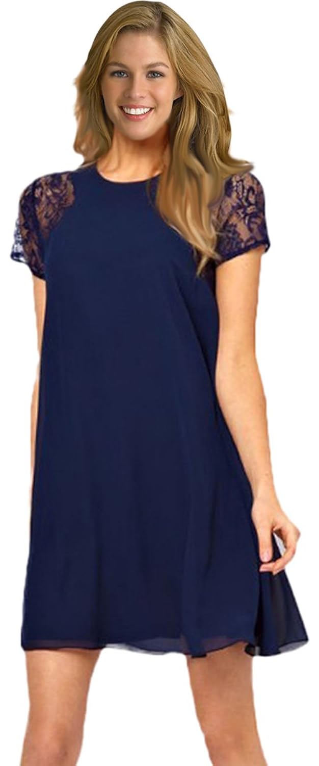 

Chiffon Dress Short Sleeve Lace Insert Loose One-piece Shift Dress