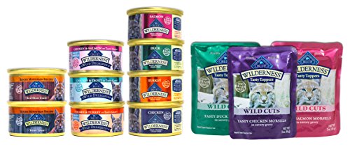 Blue Buffalo Wilderness Cat Food Variety Sampler Box - 12 Items - 4 Classic Flavors, 3 Wild Delights Flavors, 2 Rocky Mountain Recipe Flavors, & 3 Wild Cuts Tasty Toppers Pouch Flavors - 3 oz Each