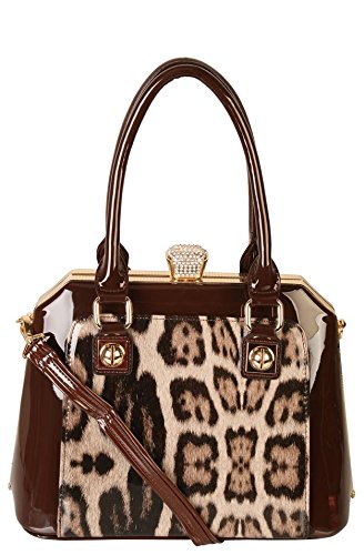 Rimen & Co. Shinny Patent Animal Print Purse Handbag Accented With Crystals Clap Opening Top Handle BM-2610